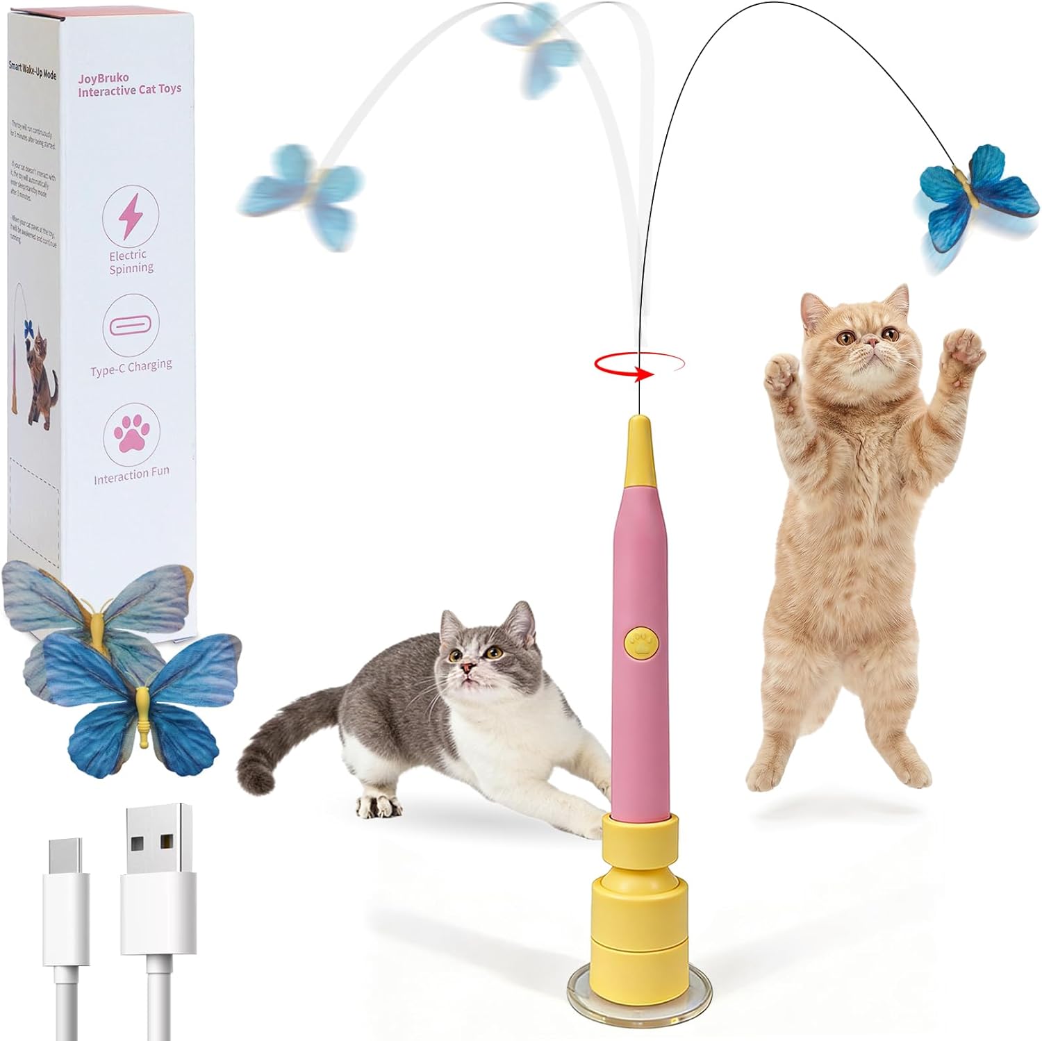 Interactive Cat Toys for Indoor Cats, Automatic Cat Wand Toy Enrichment for Bored Kitten, Spin Butterfly with Self-Holding Suction Base, Rechargeable Electric Moving Feather Stimulating Toy