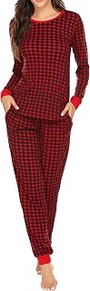 Women's Pajama Set Plaid Pjs Long Sleeve Sleepwear Soft Contrast Tops and Pants Lounge Sets