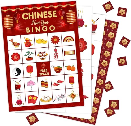 Zodvery Tarjetas de bingo de año nuevo chino, juego de bingo de Año Nuevo, para regalos de fiesta de Año Nuevo Lunar, juego de grupo - 24