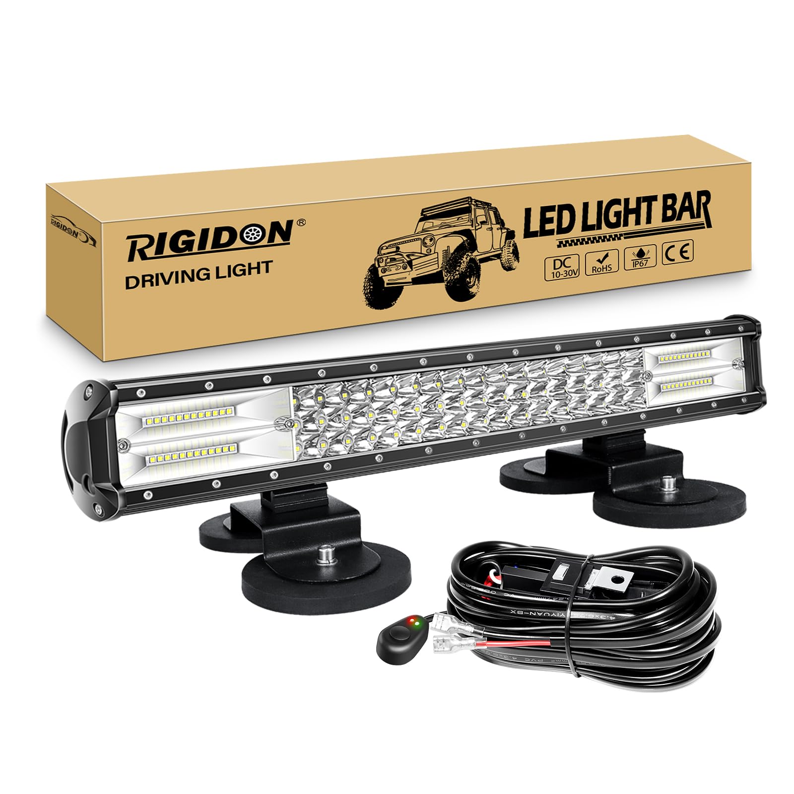 RIGIDON 50 cm 288 W listwa świetlna LED do jazdy z zestawem kabli wiązki przewodów 12 V, 2 szt. mocnych uchwytów magnetycznych do samochodów terenowych, ciężarówek, SUV-ów, ATV 4 x 4, lampa robocza,