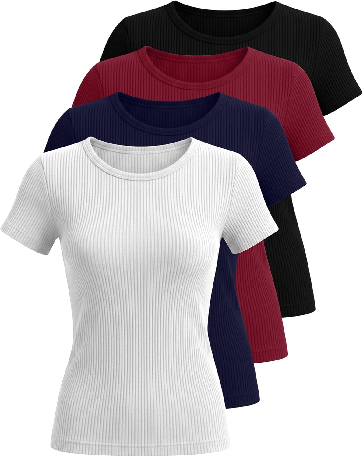 Neer 4 Pack Women's Short Sleeve T-Shirts Cotton Slim Fitted Ribbed Tops Crew Neck Summer Casual Shirt Basic Tight Tees 2026 - Image 3