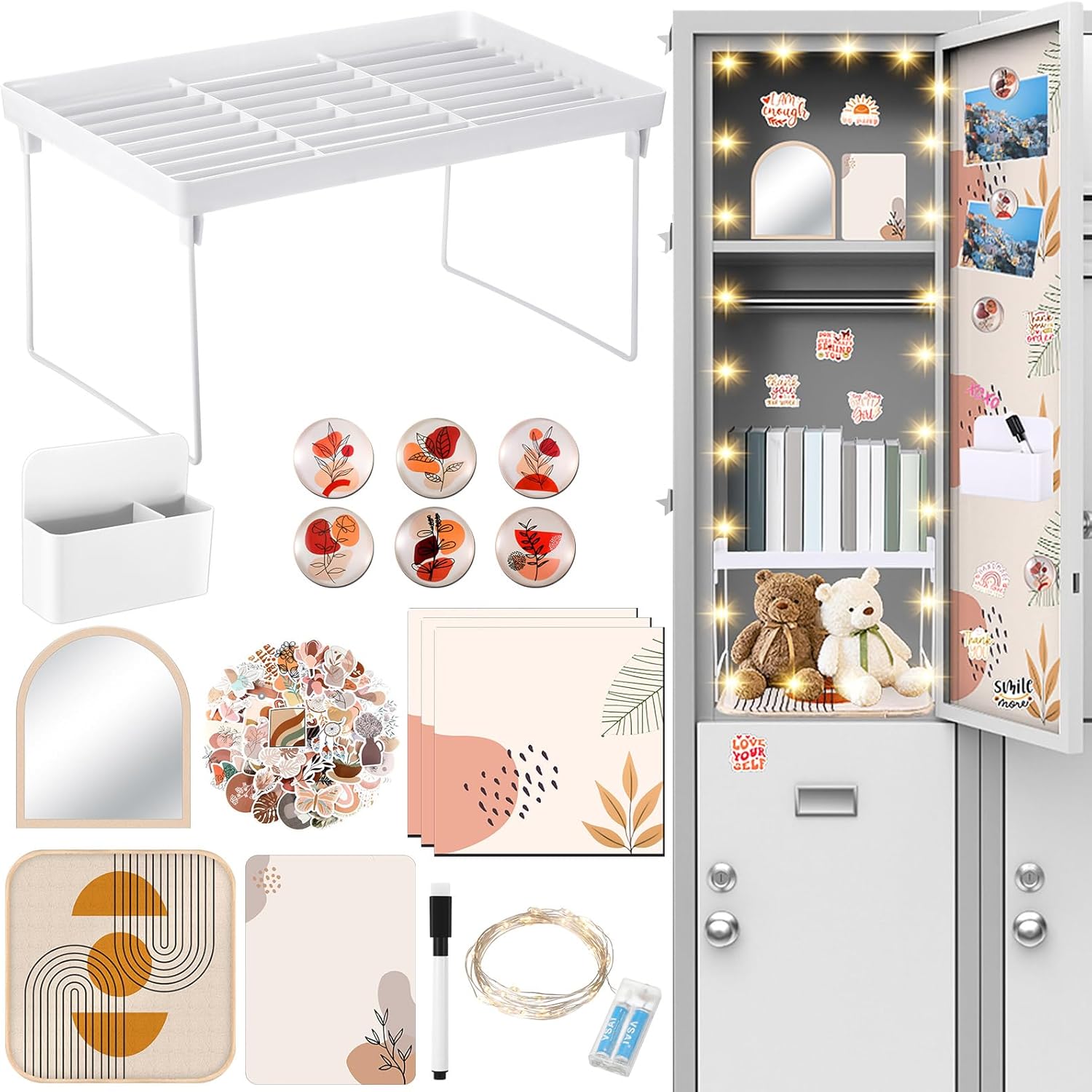 CroBlissful School Locker Accessories for Girls First Day of School Essentials Locker Decoration with Magnetic Wallpaper Mirror Pen Holder Shelf Faux Fur Rug Whiteboard Marker Magnets(Boho)