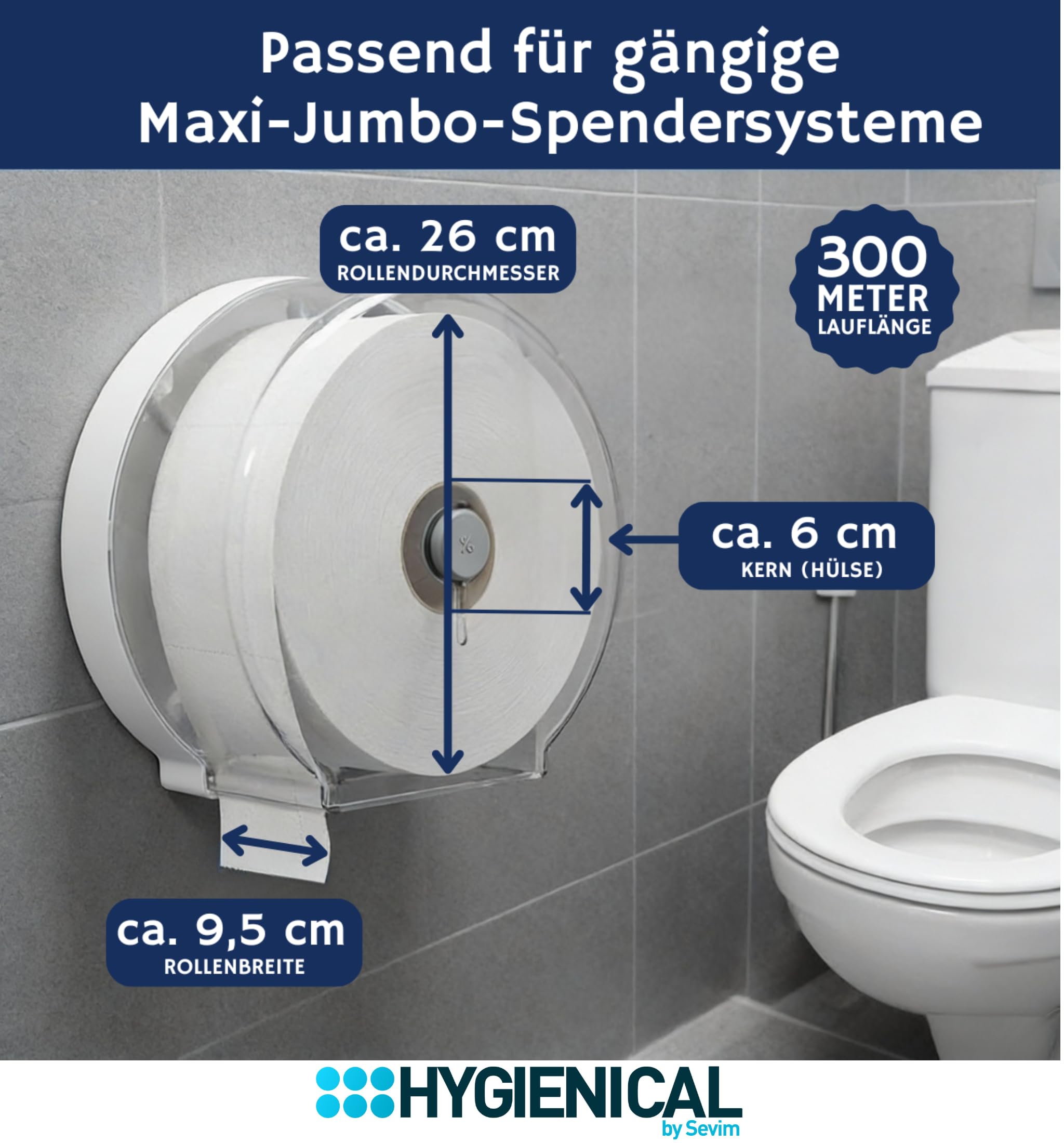 Jumbo Toilettenpapier Großrolle 2-lagig Recyclingpapier | Ø 25 cm 300 m je Rolle | 6 Rollen VE | für Jumbo-WC-Spender in Gewerbe & öffentlichen Sanitärbereichen