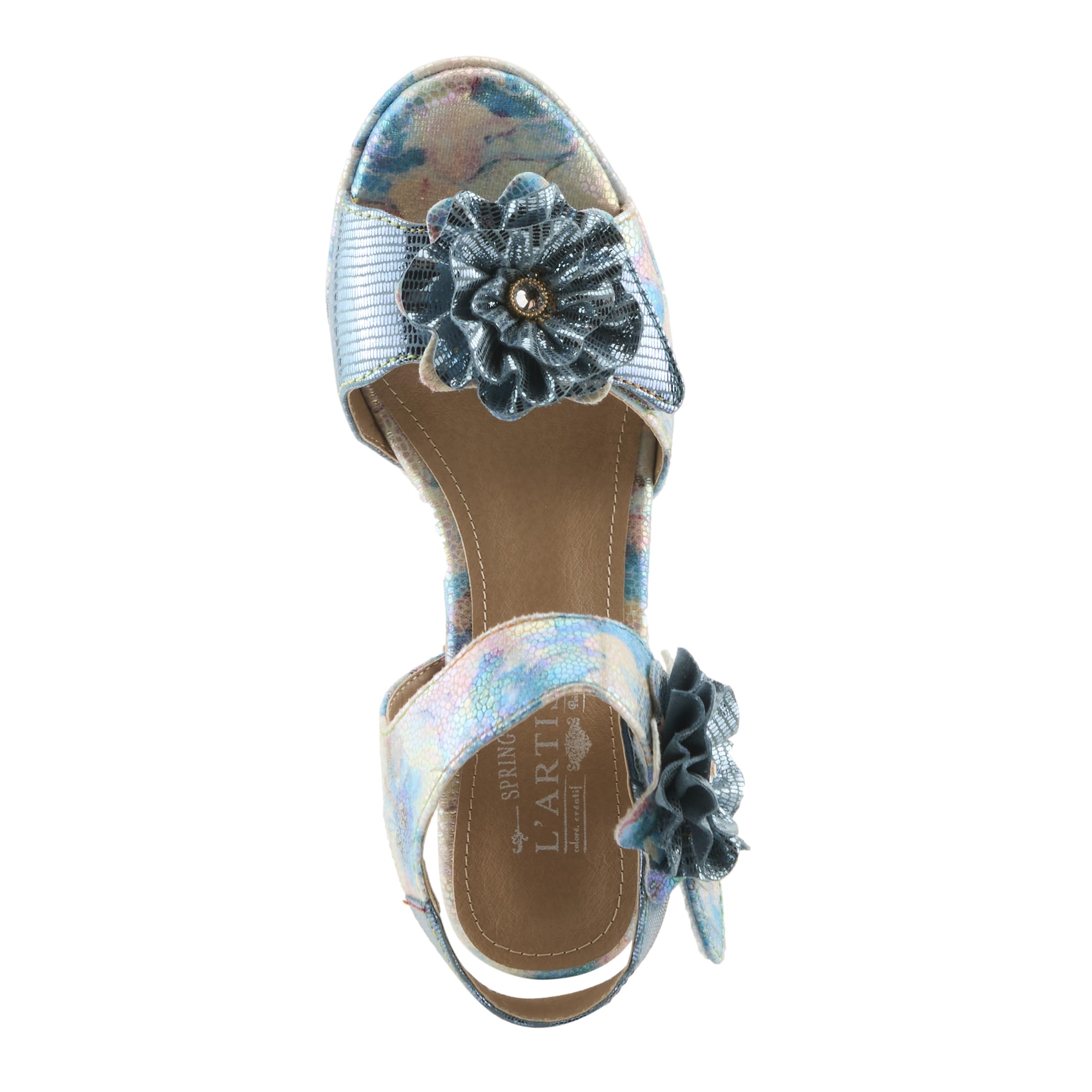 Spring Step L'Artiste Women's SMASHING Metallic Leather Sandals - Opulent Decorative Flowers, Sculpted Jewel Heel, Wearable Art Footwear: 7.5-8 Blue Multi