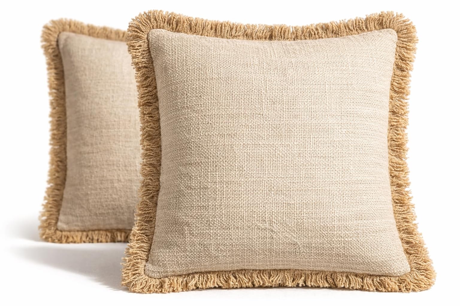 Fundas de Cojín Boho 45x45 cm de Algodón con Flecos Beige – Estilo Mediterráneo Natural Rústico – Decoración para Sofa Cama Salon Dormitorio Algodon – Blanco Roto 2 Unidades