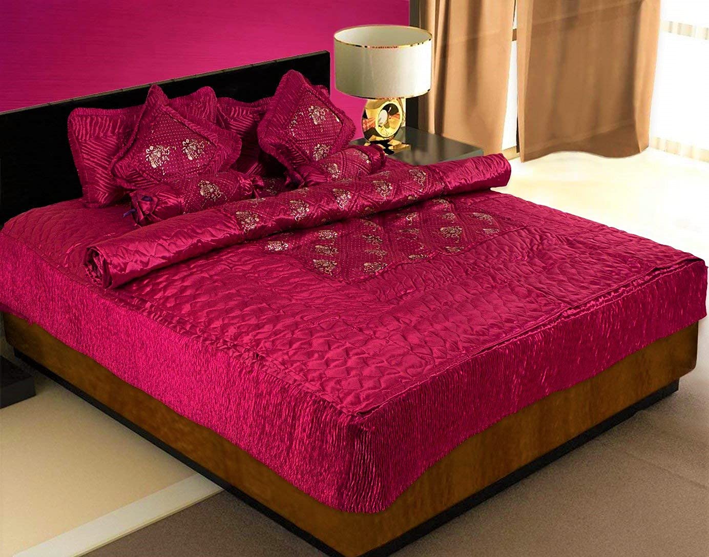 ManavRachit Satin Gold Printed 310 TC Double Bed Wedding Bedding Set - 8 Pieces - Red - for Home & Living Room - Hathi Print, Red Hathi