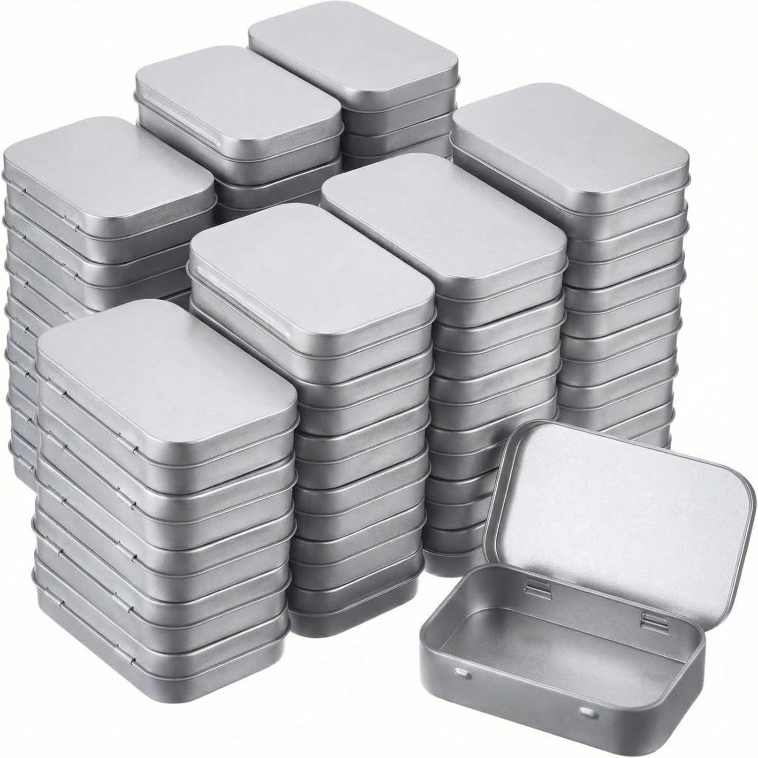 Hotop Metal Rectangular Empty Hinged Tins 3.75 x 2.45 x 0.8 Inch Box Containers with Lids Mini Portable Box Small Storage Kit, Home Organizer(Silver,120 Pack)