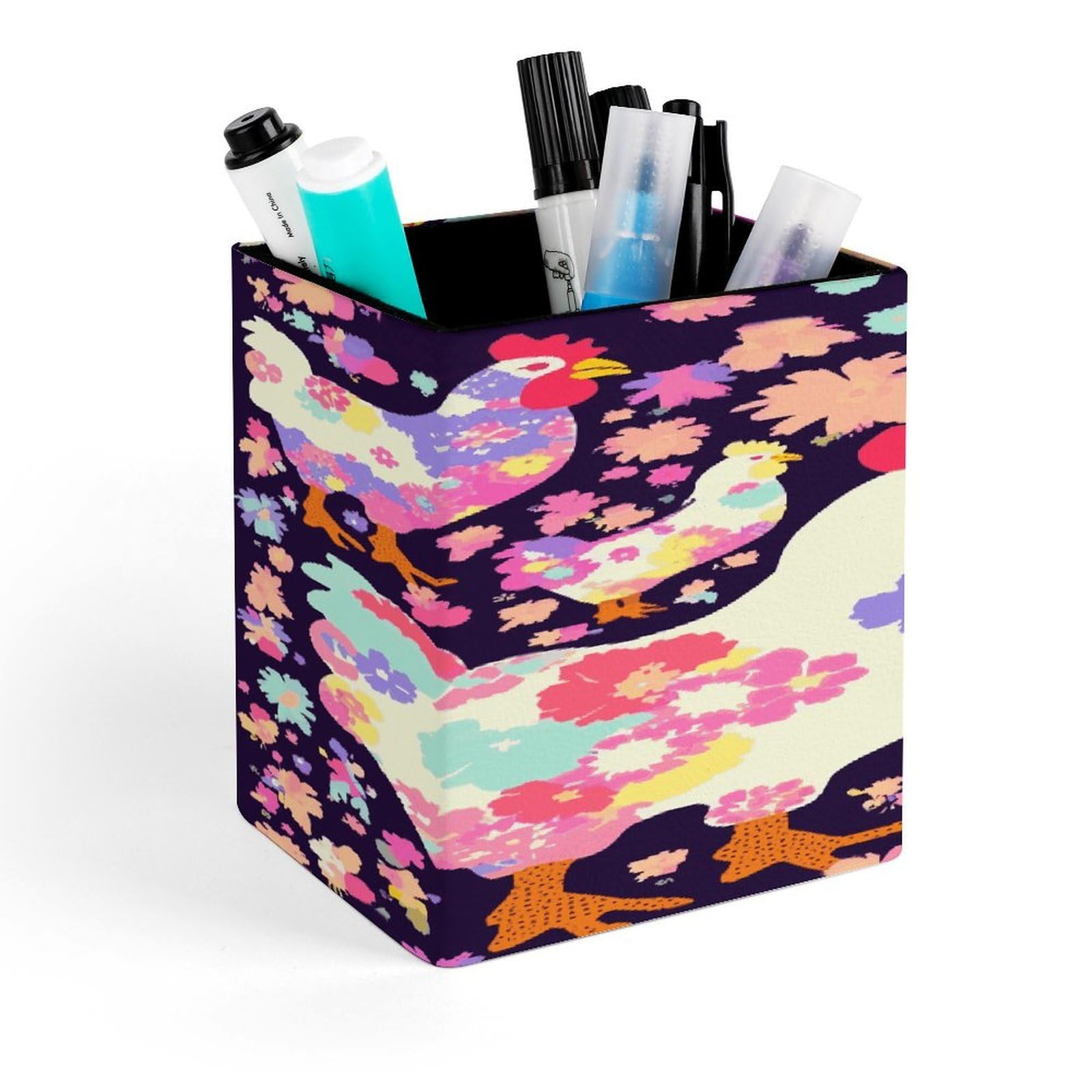 MUSM Flower Heart Chicken Pen Holder Square PU Leather Desktop Organizer And Makeup Brush Holder Storage Box Modern Design Stationery Organizer for Office Desk Accessory