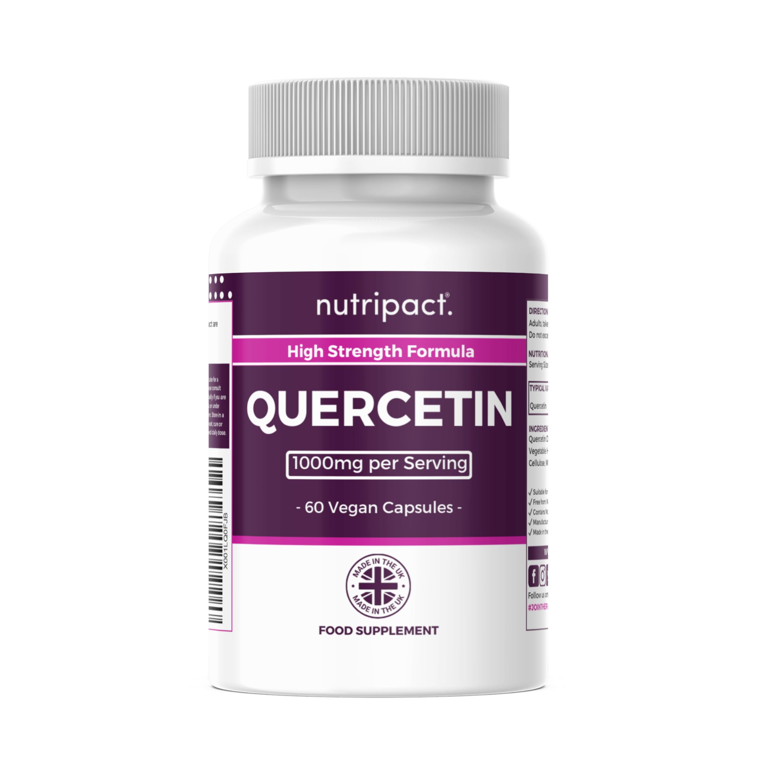 Quercetin 500mg - High Strength Antioxidant Immune Support Pure Quercetin Supplement, One a Day Formula – Easy to Swallow - 60 Vegan Capsules - 2 Month Supply - Made by Nutripact
