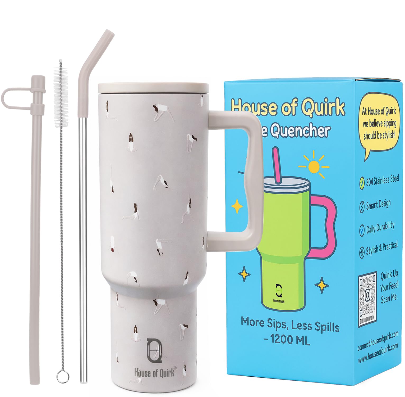 House of Quirk 1200ML Stainless Steel Tumbler with Handle & Lid, 2 Straws – Large Travel Mug Water Cup for Gym, Office & Outdoor Use (Yoga)