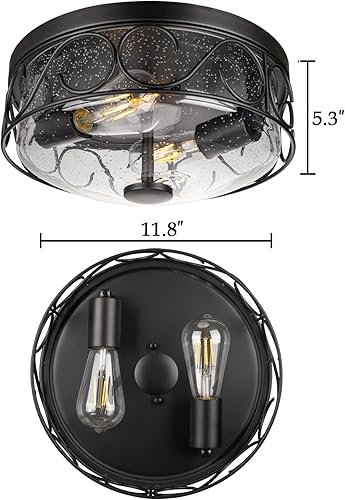 Miniatura 2 de Lámpara de techo industrial empotrada, cerca de techo con jaula de metal negro, lámpara de techo de 2 luces con vidrio de burbujas para cocina,