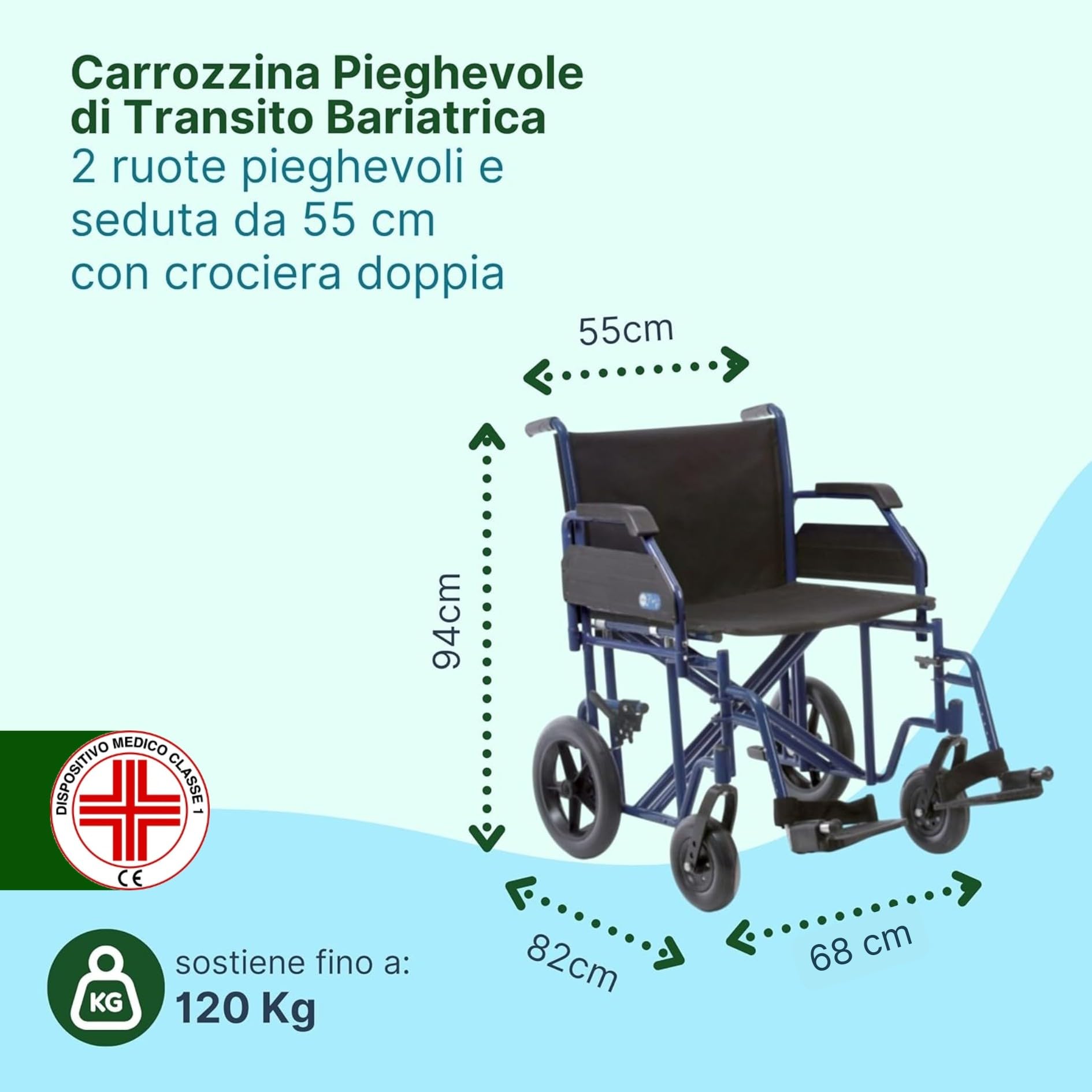 Sedia a Rotelle Bariatrica da Transito, Seduta 55 cm, Blu | Carrozzina per Disabili in Acciaio Pieghevole, Portata Massima 200 kg