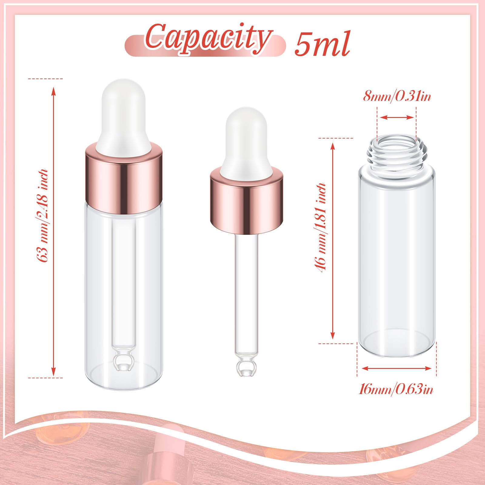 Didaey Lot de 200 mini flacons compte-gouttes en verre avec couvercle pour voyage, huiles essentielles, échantillons liquides et parfums (or rose, 5 ml)