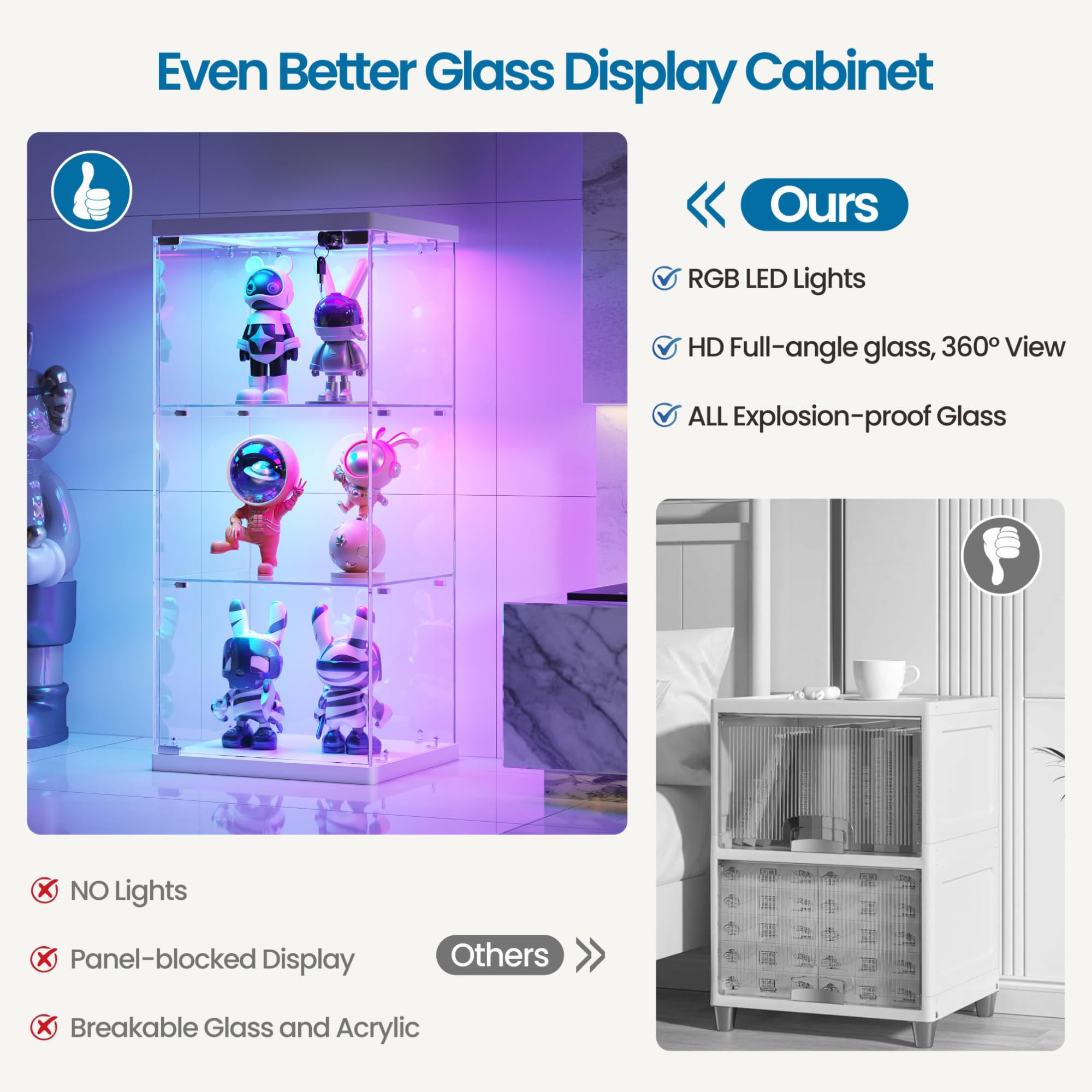 FREDEES Vitrina de cristal con luces RGB, 3 niveles, color blanco