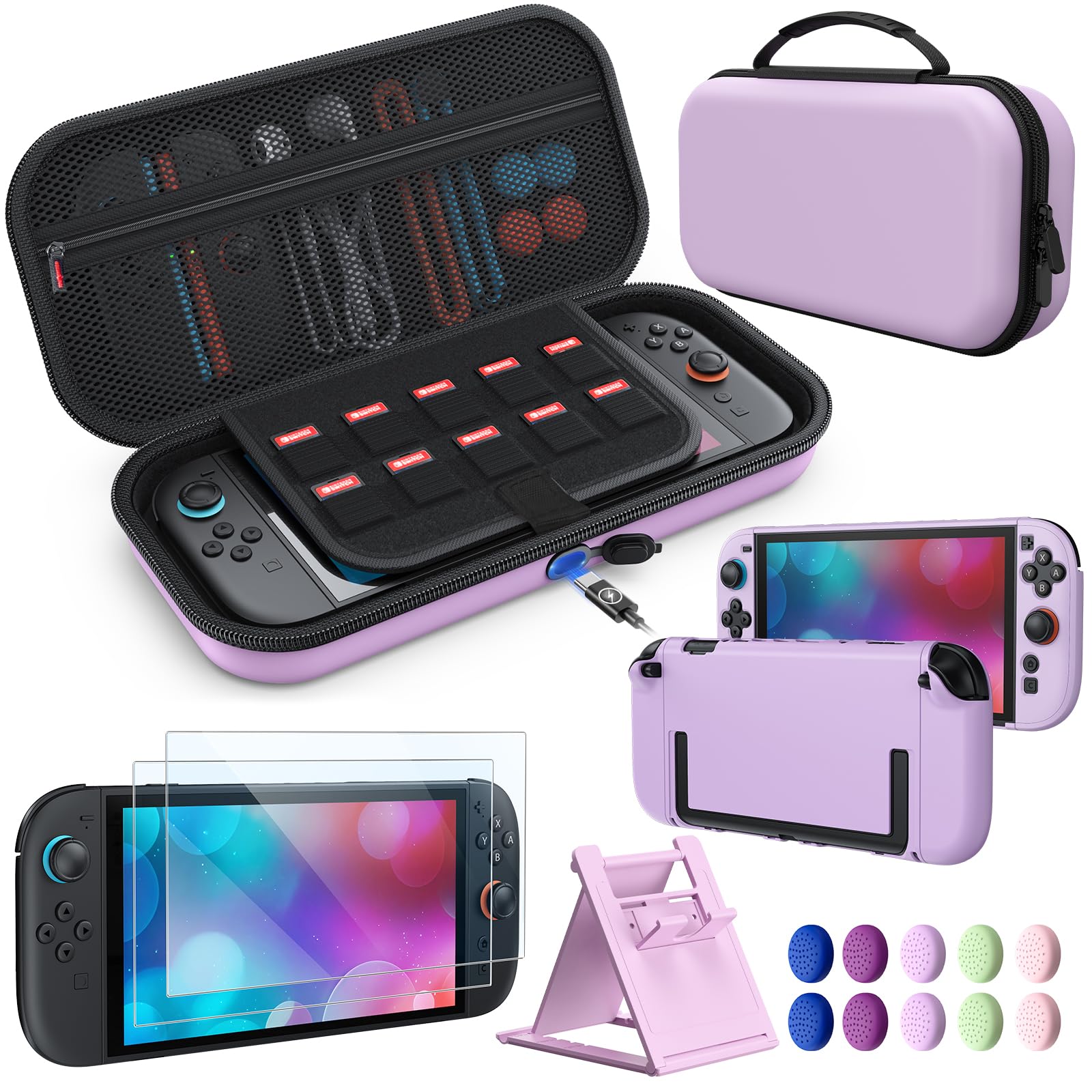 Switch 2 Accessories, Case Bundle for Nintendo Switch 2 Console | FYOUNG 16 IN 1 Kit:Carrying Case,Protective Shell, Screen Protector, Grip for Joycon- Light Purple Light Purple Switch 2 7.9 Inch