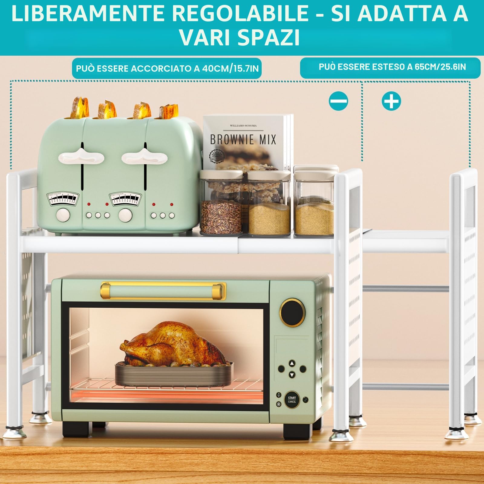 Mensola Microonde Estensibile, Regolabile Due Livelli Microonde Scaffale 40-65cm, Mensola Microonde Salvaspazio, Supporto Microonde con Rastrelliera per Tagliere, 6 Ganci, Istruzioni (Bianco)