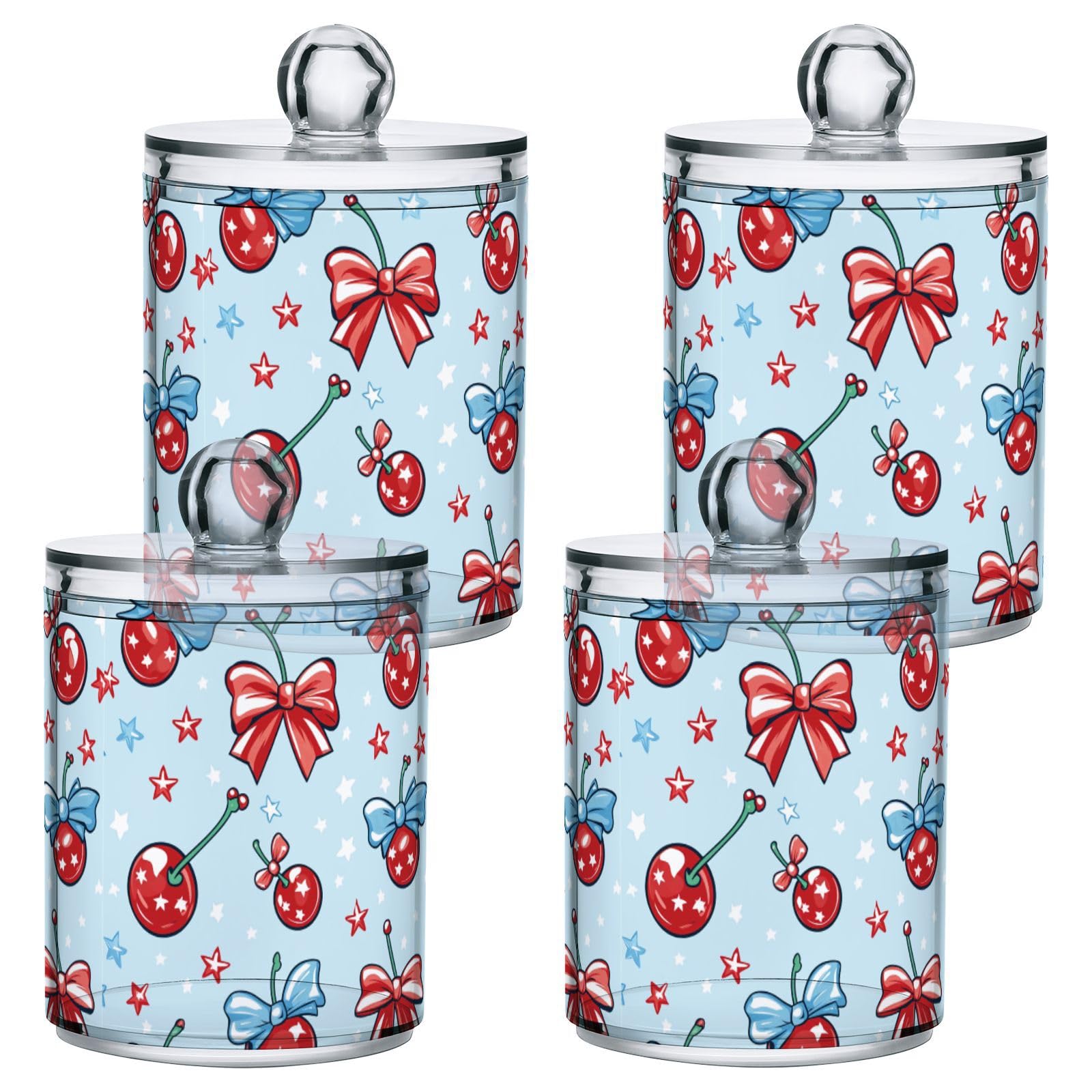 Gredecor 4 Pack Qtip Holder Clear Red Blue Bows Cherry Stars (13) Apothecary Jars with Lids Acrylic Bathroom Jars Vanity Countertop Canister Storage Organizer for Cotton Ball,Swabs,Pads,Floss