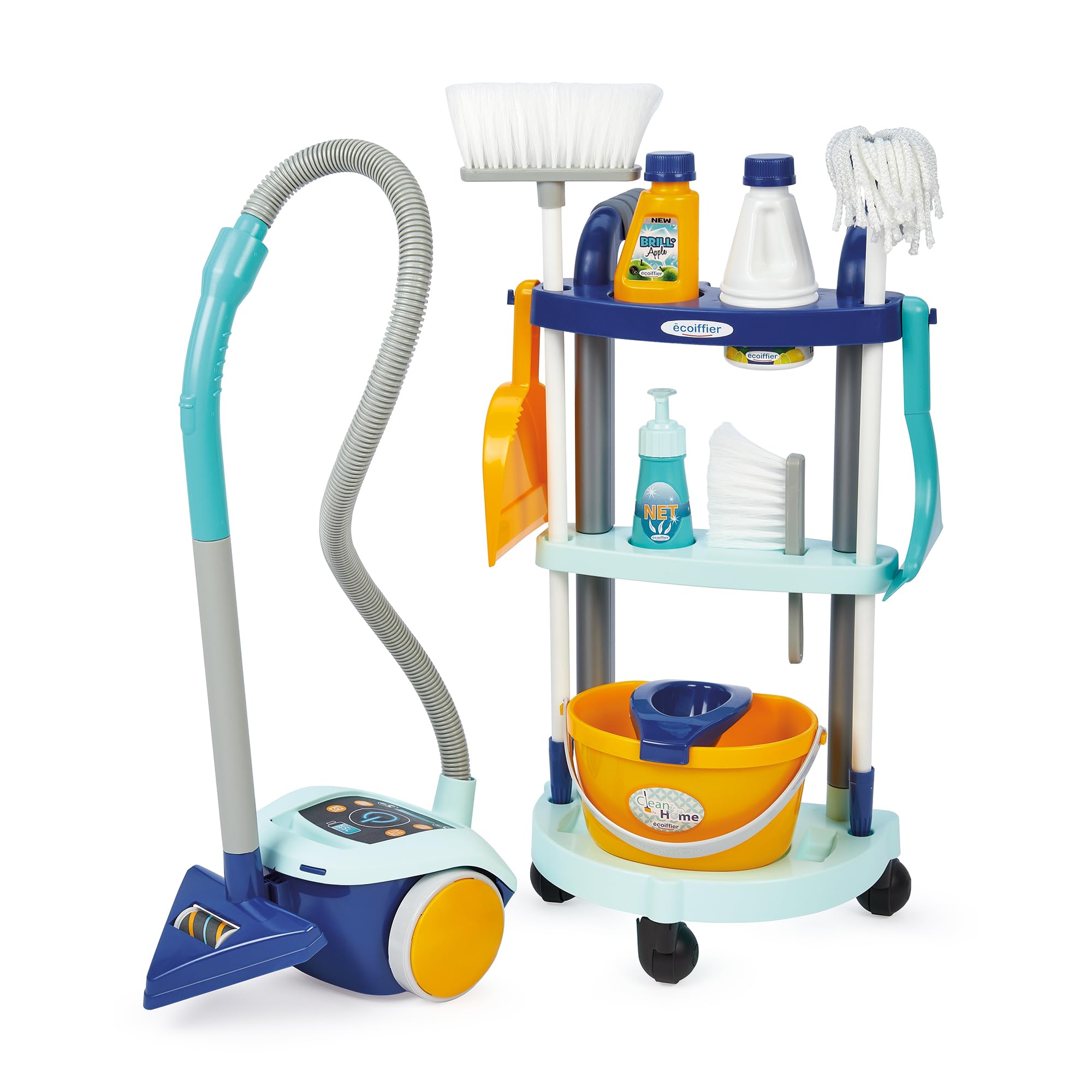 Ecoiffier - Clean Home carrello delle pulizie, 7600002774, +18 mesi, con aspirapolvere e tanti accessori, made in France