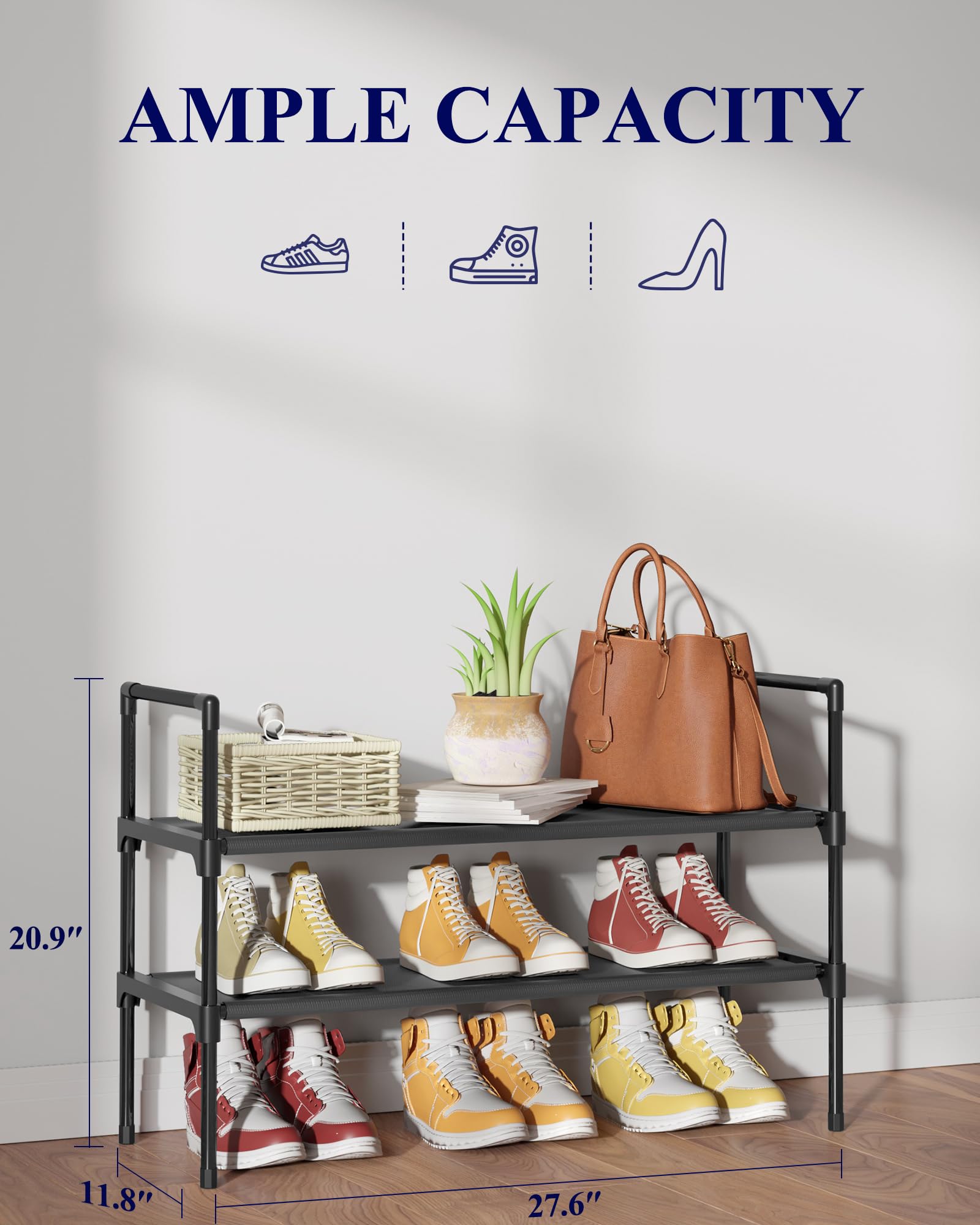 Kitsure Shoe Rack - 2-Tier Shoe Organizer, Shoe Rack for Closet, Entryway, Bedroom, Easy- Assembly Storage Shelf with Side Handles, 27.6" Wide - 2 Tiers, Black