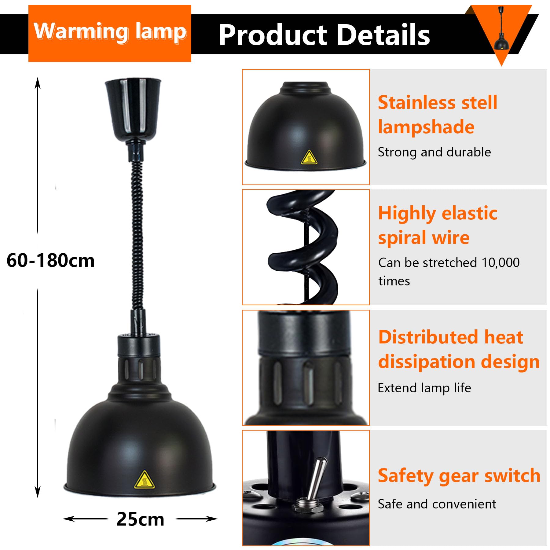 Lampe Chauffante de Cuisine Professionnelle, 250W Lampe Chauffe Plat Buffet Suspendue, Lampe de Chauffante Commercial pour Hôtels, Buffets et Pizza, Hauteur Réglable 60-180cm