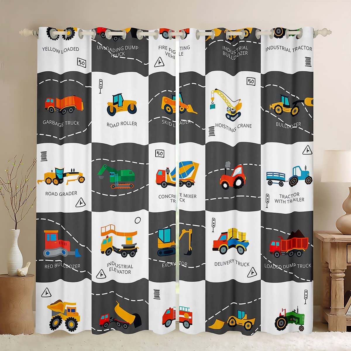 Cortinas de Ventana para Camiones de construcción, Cortina para Dormitorio, Sala de Estar, niños, maquinaria de Dibujos Animados, Cortinas de oscurecimiento de Coches, Cortinas de Excavadora de 52 x