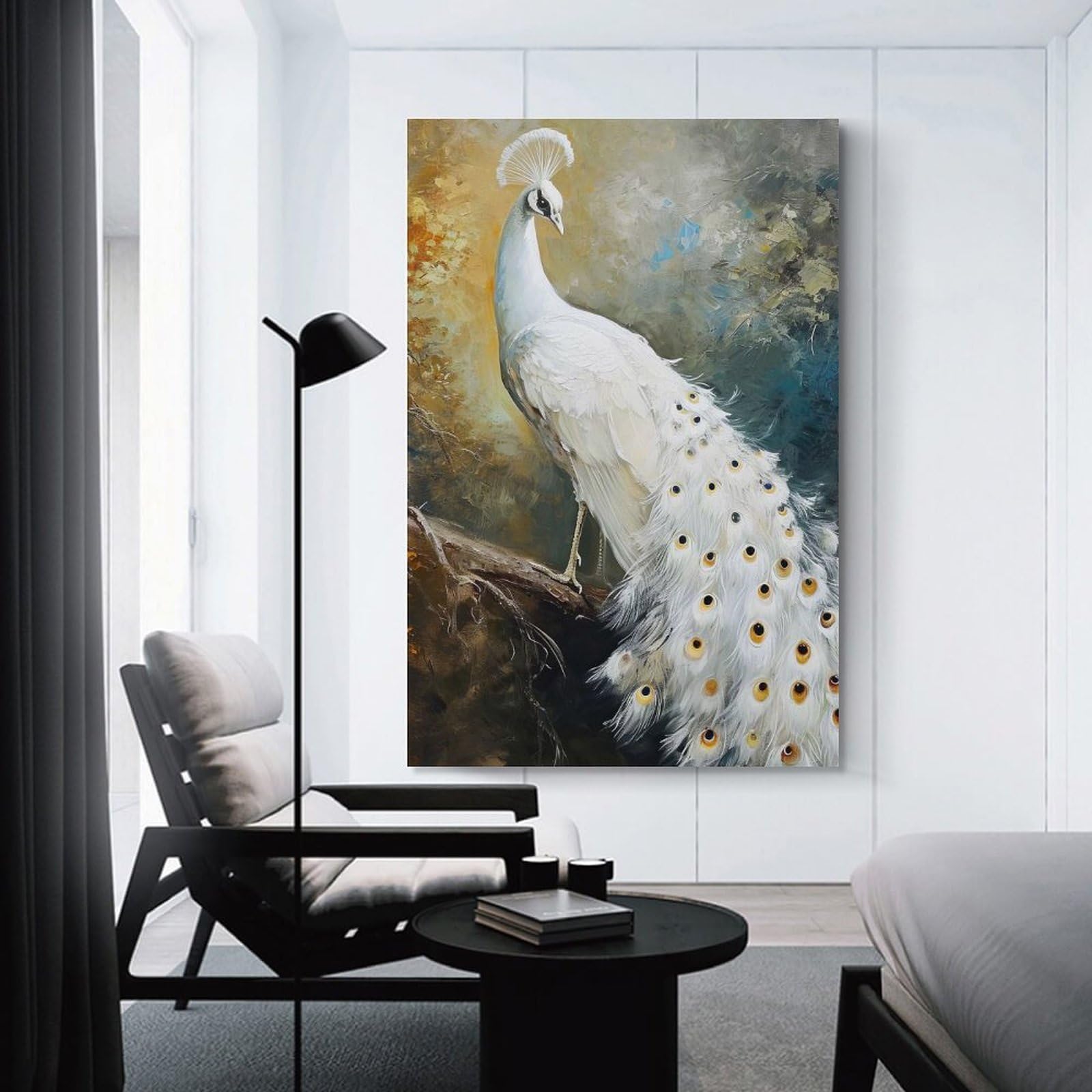 Junmoney Unframe-Style-15 Ivory Plume Perch Decorative Wall Artwork, 24X36inch(60X90cm), For Home Lounge, Bedroom Or Reading Nook, Easy Decor For Gallery Walls