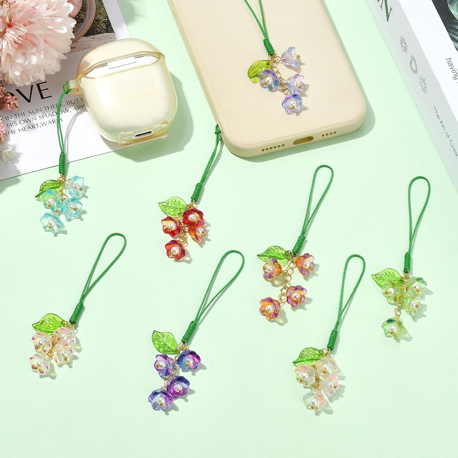 BEEFLYING 6-8 Pcs Colorful Flower Mobile Phone Charms Cute Glass & Acrylic Cell Phone Charm Straps Aesthetic Pendants Accessories For Wallets Keychains Bag