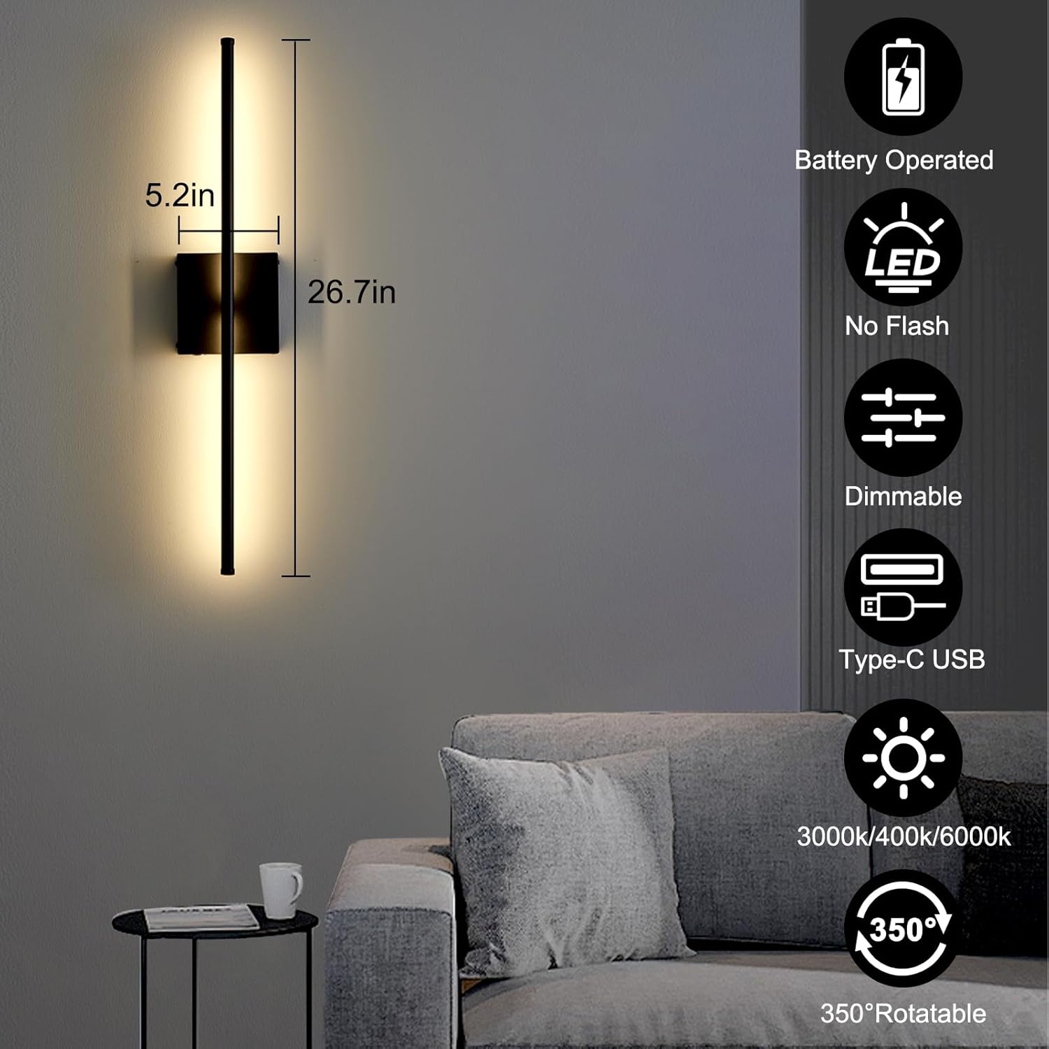 Battery Operated Wall Sconces Set of Two, Dimmable Wall Sconce with Remote Control, Rechargeable LED Wireless Wall Light for Bedroom, Living Room, Hallway, 350° Rotate, 26.7 Inch, Black(2 Pack)