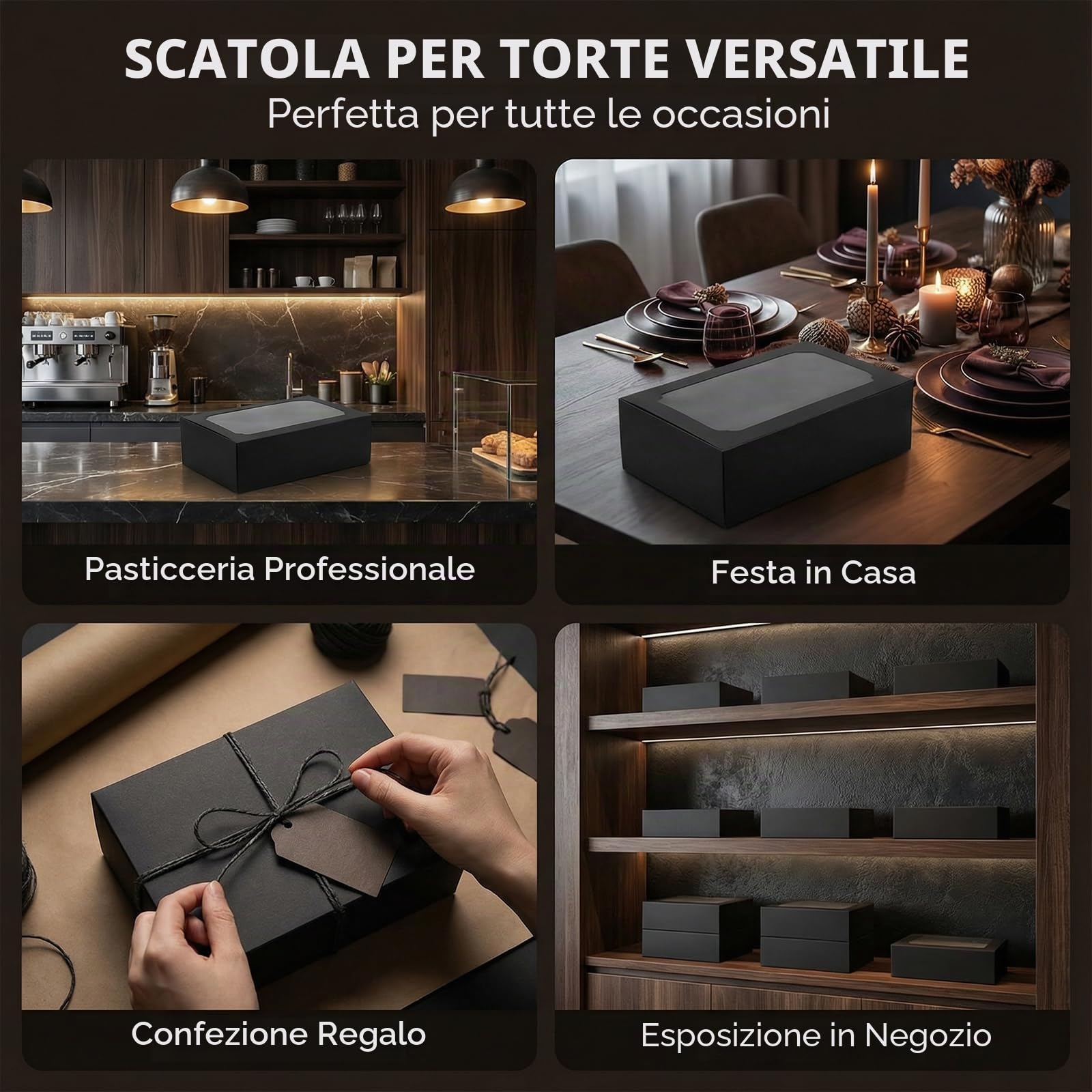 12 Pezzi Scatole per Biscotti, Scatola per Torte, Scatole per Dolci,Rettangolari, Finestre Trasparenti, con 12 Carte di Carta e un Rotolo di Spago, per Crostate, Torte, Pasticcini (Nero)