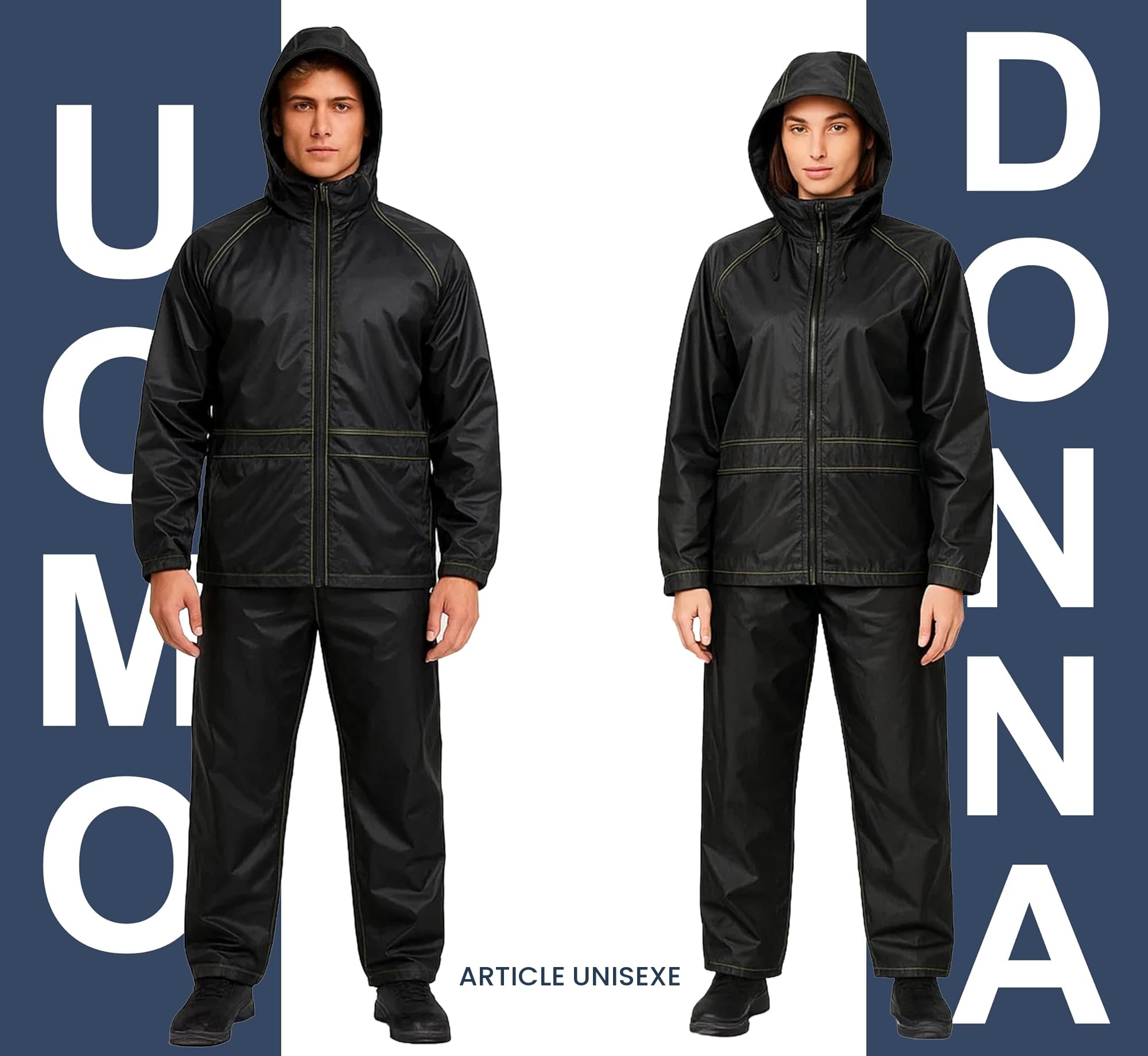 Auto Accessori Lupex Combinaison de moto imperméable anti-pluie coupe-vent, couleur noire, avec sac, ensemble complet veste et pantalon de pluie avec capuche escamotable, disponible en plusieurs
