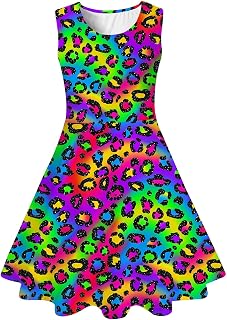 uideazone Girls 3D Print Sleeveless Crewneck Tank A-Line Skater Dress 5-12Y | Soft Breathable Stretchy Fabric Fitted Waist Knee Length Sundress for Shcool Daily Wear Themed Party Beach Vacation Trips