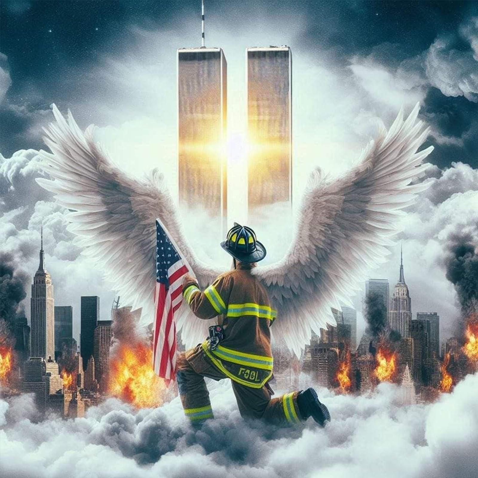 POETRYDRAW Firefighters and Twin Towers 5D Round Diamond Art Painting Kit DIY Home Wall Decor Gift 15.75x