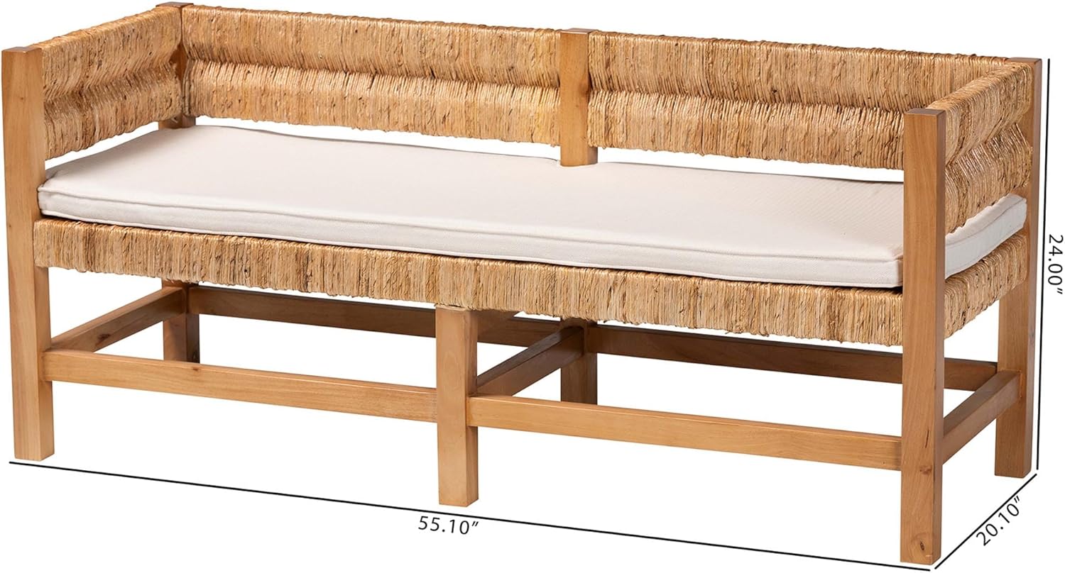Bali & pari Ismael Accent Bench - Handwoven Seagrass Accent Seating with Mahogany Wood Frame, Raised Back Bench for Entryway or Living Room