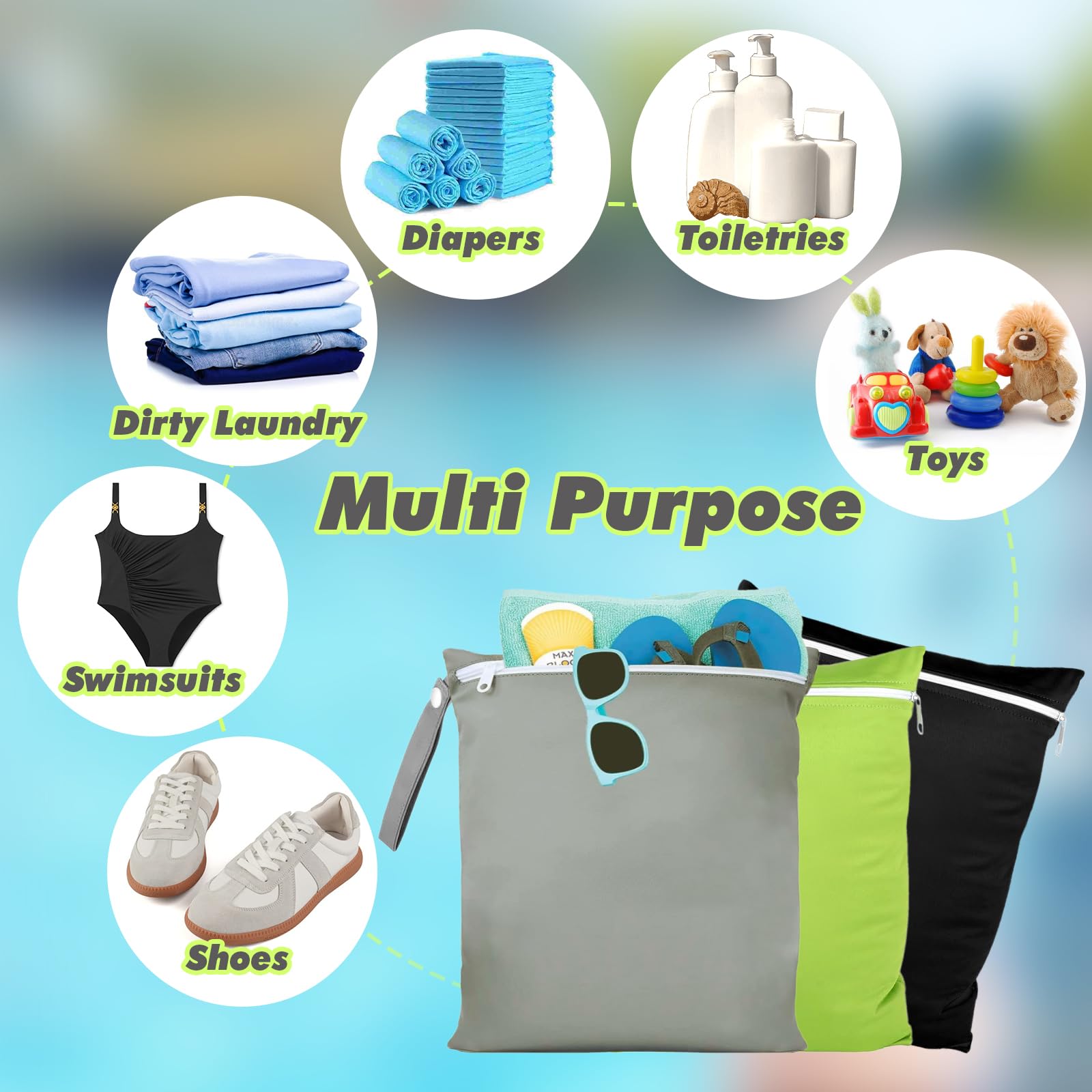 Wetbag Impermeabile 40x30 cm 3 Pezzi con Cerniera Riutilizzabile Nero Grigio Verde