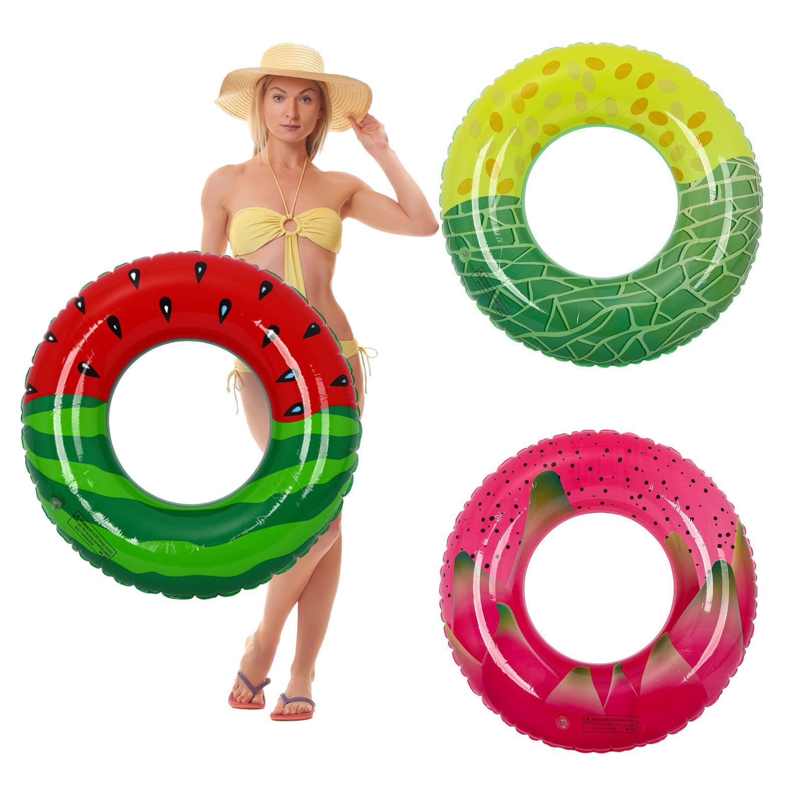 3 flotadores inflables para Piscina, Anillo de natación de Frutas duraderas, sandía, cantalupe, Anillos de natación de Fruta de dragón, Tubo de Piscina Inflable, decoración de Fiesta de Piscina
