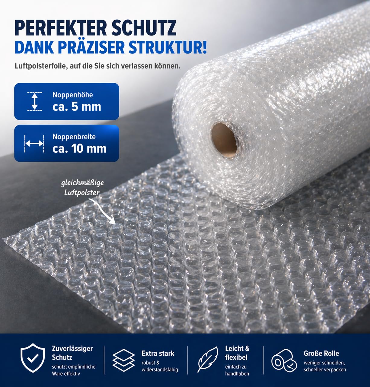 All4All Luftpolsterfolie 150cm x 50m EXTRA STARK 50my – Reißfest & Wasserdicht – Profi Verpackung für Umzug, Möbel & Glas – Noppenfolie Rolle Transparent