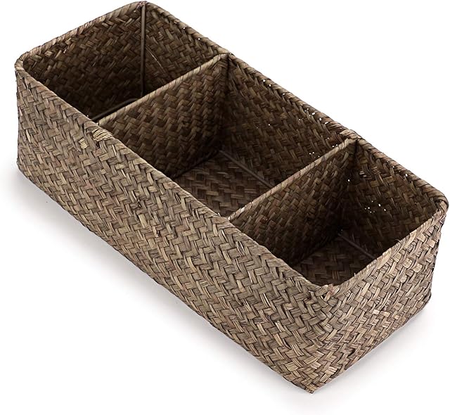IGNPION 3-compartment Seagrass Storage Basket Woven Seagrass Desktop Basket Rectangular Organiser Box Shelves & Desks Decorative Basket for Sundries Stationery Toys Cosmetics, Coffee