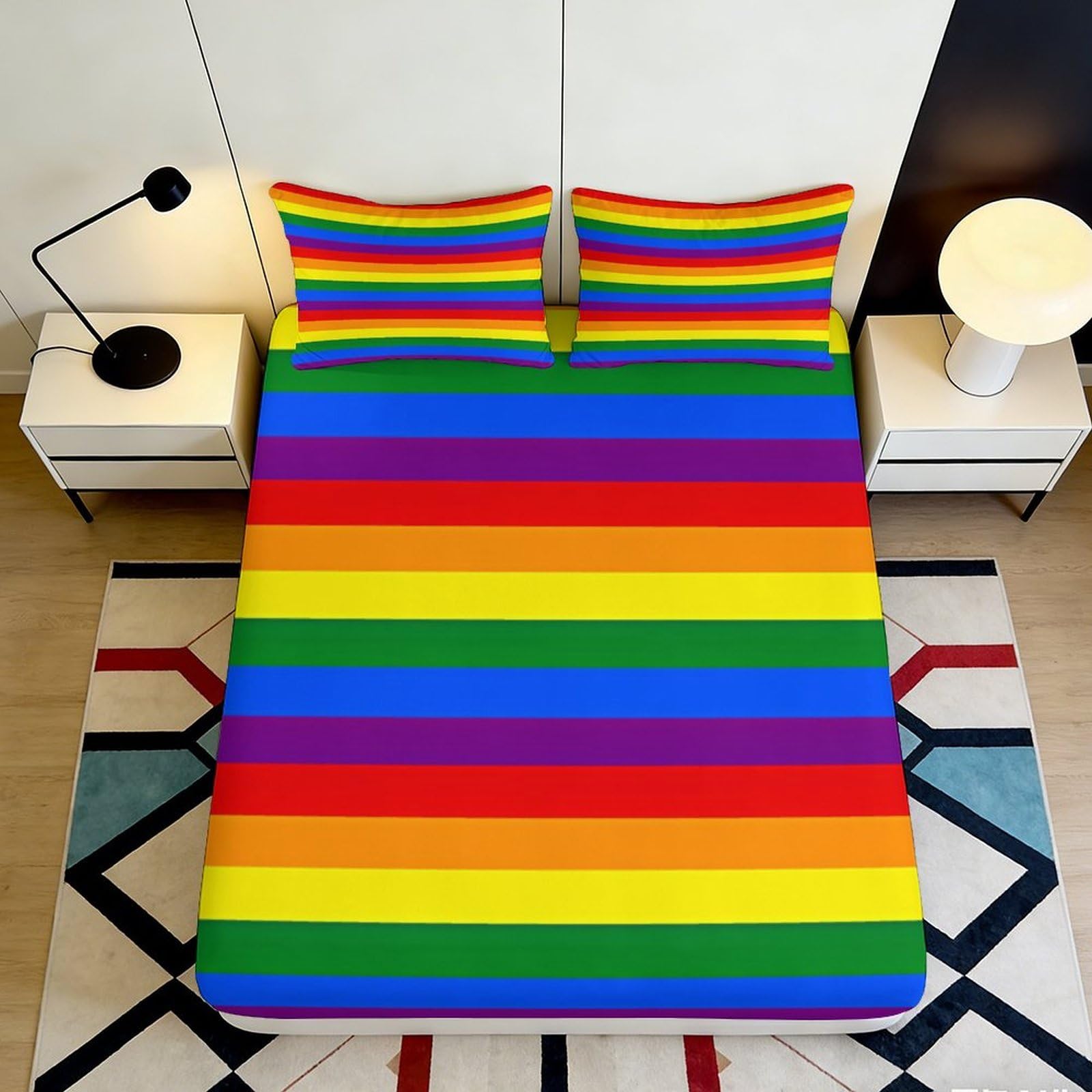 3D Printed Rainbow Stripe Fitted Sheet Microfiber Soft Durable Vibrant Colored Bed Cover for Bedroom Dormitory Guest Room Mattress Protection 140x200x25cm