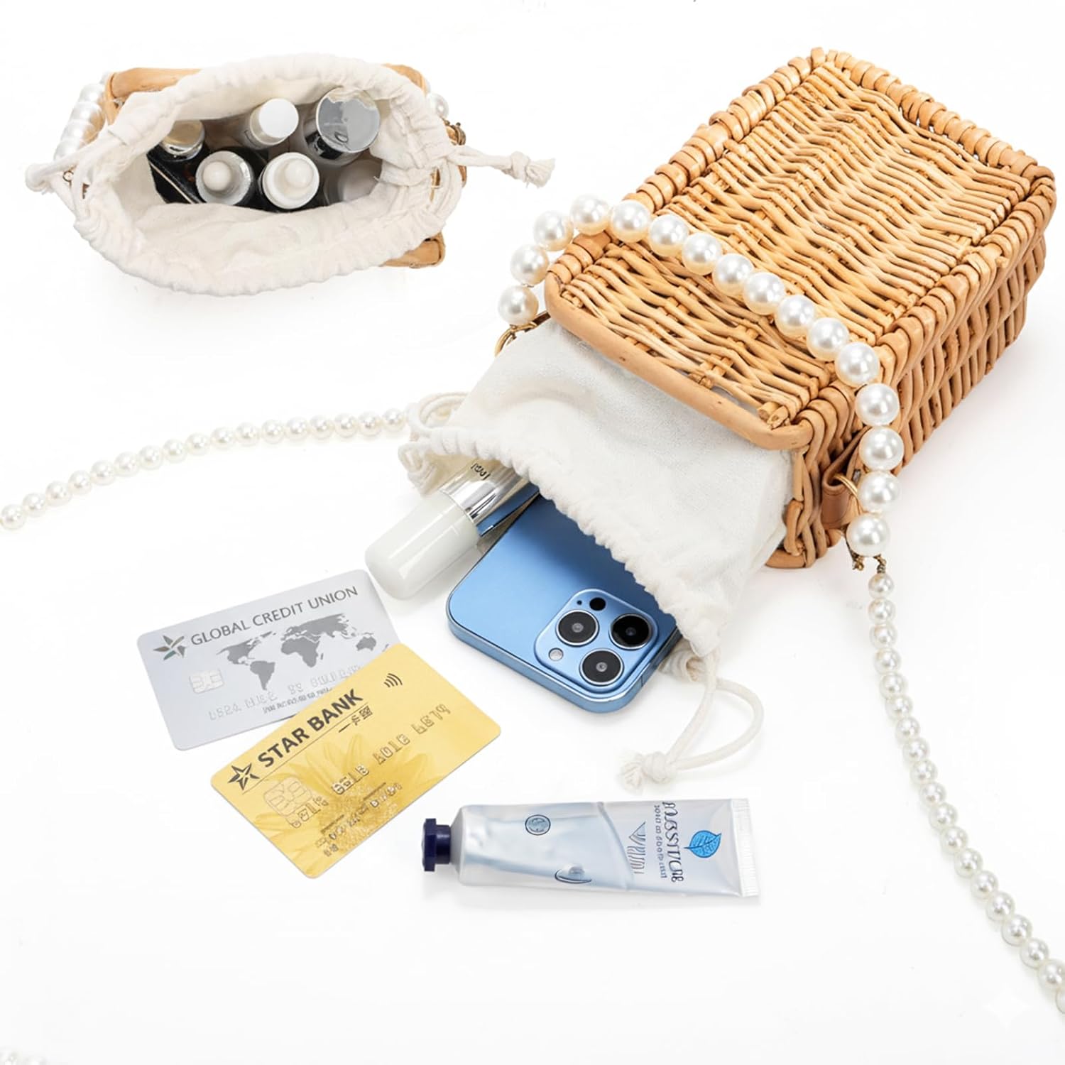 Pearl Basket Purse, Handwoven Rattan Beach Bag For Women, Rectangular Wicker Handbag, Vintage Summer Straw Tote Bag - Image 6