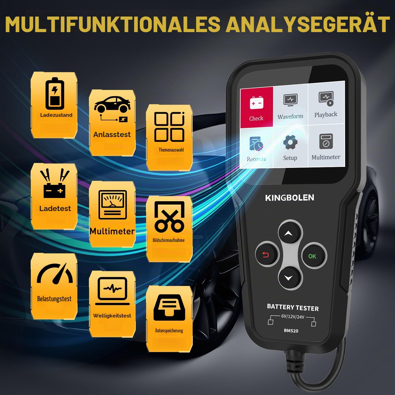 KINGBOLEN BM520 6V/12V/24V Autobatterietester, 100-2000 CCA Batterietester Kfz mit Batteriestatusprüfung Anlasstest Ladetest, Lichtmaschinen Tester für Auto Motorrad ATV SUV LKW Boot