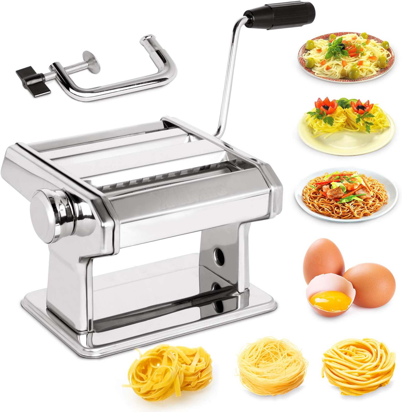 X Home Stainless Steel Pasta Maker Machine, 7 Adjustable Thickness Settings Noodles Maker with Washable Aluminum Alloy Rollers and Cutter, Perfect for Spaghetti, Fettuccini, Lasagna or Dumpling Skins