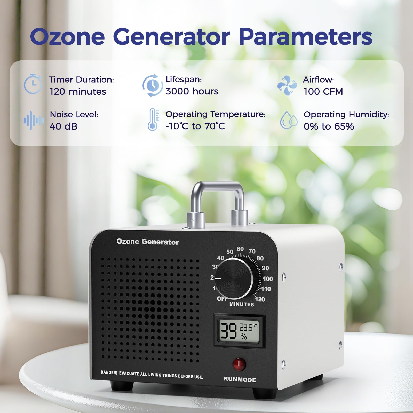 Hochleistungs Ozongenerator 60000 mg/h, Luftreiniger, mit Temperatur- und Luftfeuchtigkeitsanzeige, 120-Minuten Timer für 320㎡ Raum für Zuhause, Auto, Büro, Garage, Rauch, Haustiergerüche