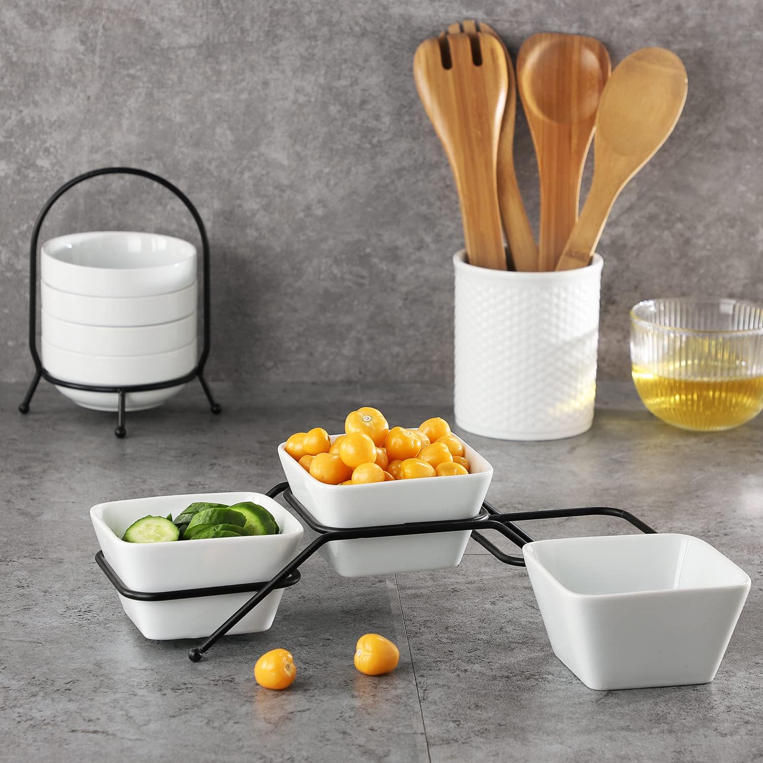  | Buyajuju 3 pcs square bowl Porcelain Chip & Dip Serving Set with Black Metal Stand, 4.5inch White Small Serving Bowls for Side Dishes, Salsa, Appetizer, Serving Dishes for Entertaining: Chip & Dip Sets