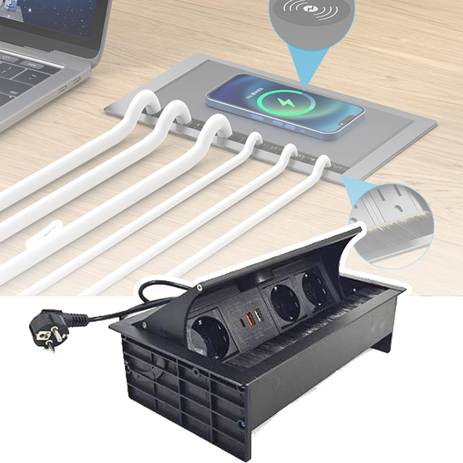 Listwa zasilająca do podtynkowych blatów roboczych i stołów, wtyczka brytyjska z portami USB i typu C, ładowanie bezprzewodowe 15 W (26,2 x 15,6 x 7,5 cm)