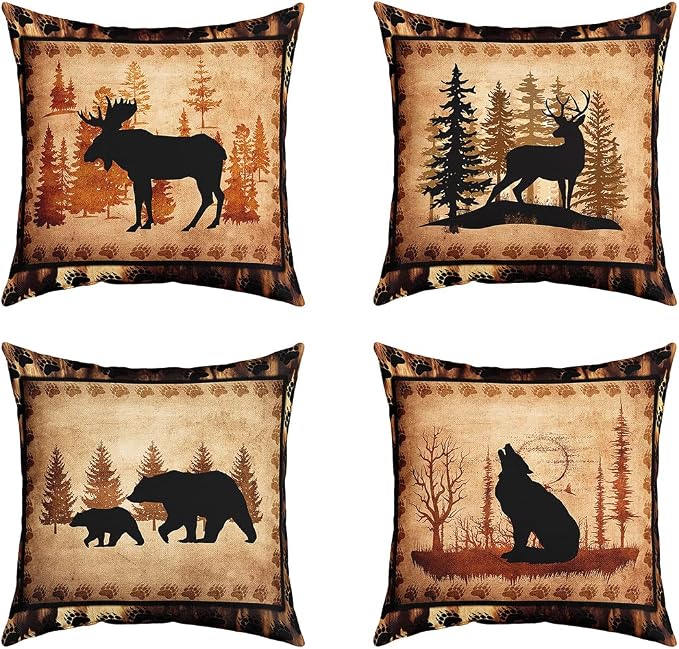 Set of 4 Vintage Bear Throw Pillow Covers,Cabin Deer Hunting Cushion Case for Home Living Room Decor, Reversible Farmhouse Wolf Animals Brown Yellow Decorative Throw Cushion Case, 18x18 Inches