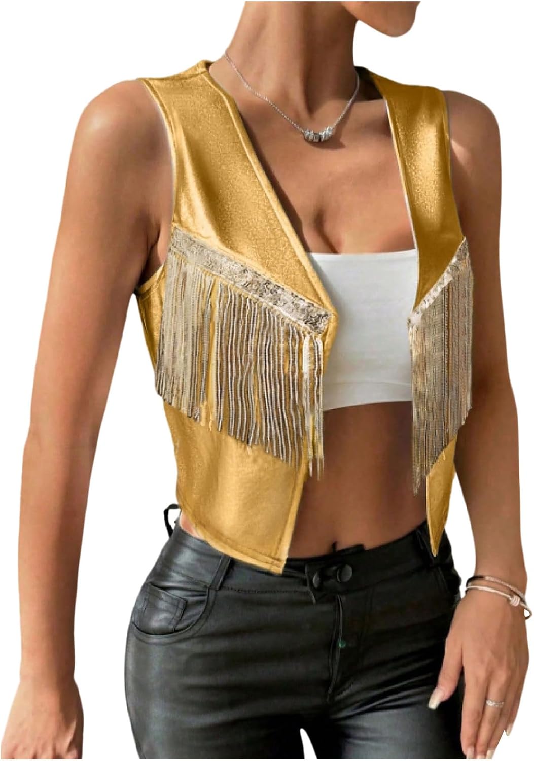 MakeMeChic Women's Sequin Fringe Vest Sleeveless Metallic Y2K Crop Cowgirl Western Jacket