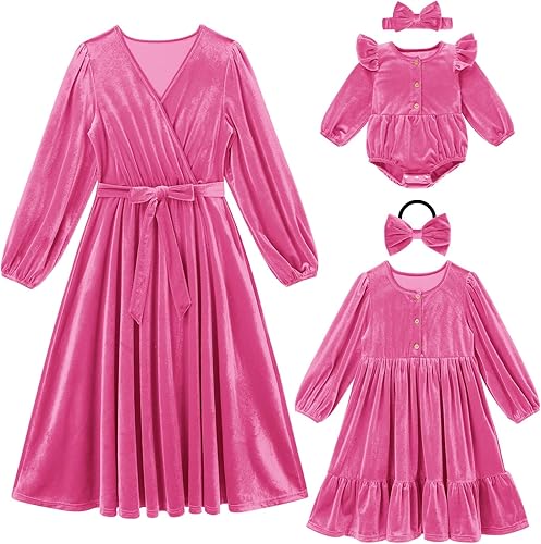 AWIBMK Vestidos de Navidad para mamá y yo, vestido de terciopelo de manga larga, otoño, invierno, Navidad, vacaciones, mamá, hija, trajes a juego