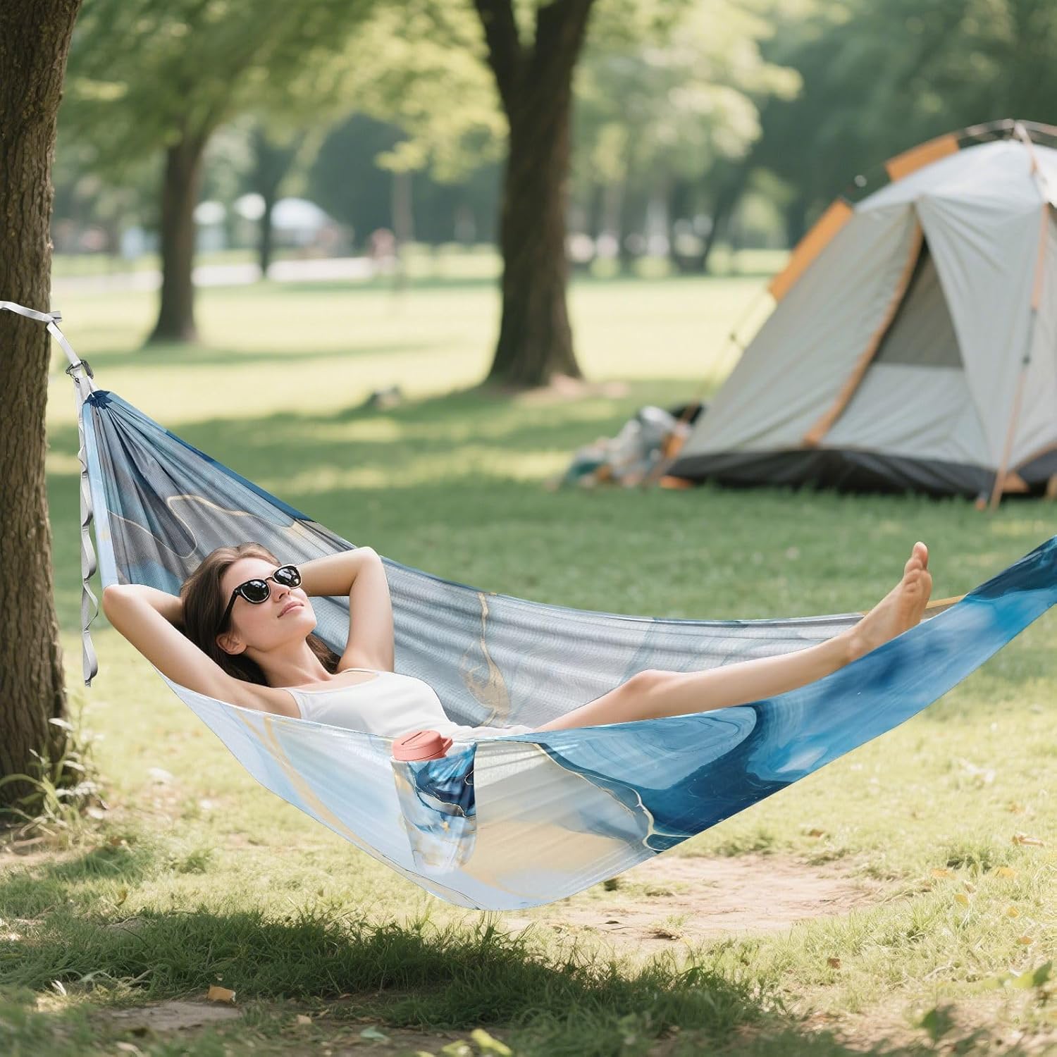 ALAZA Blue & Gold Marble Camping Hammocks Single or 2 Person 500 lbs Portable Parachute Travel Hammock w/Tree Straps for Hiking Backpacking Indoor Outdoor