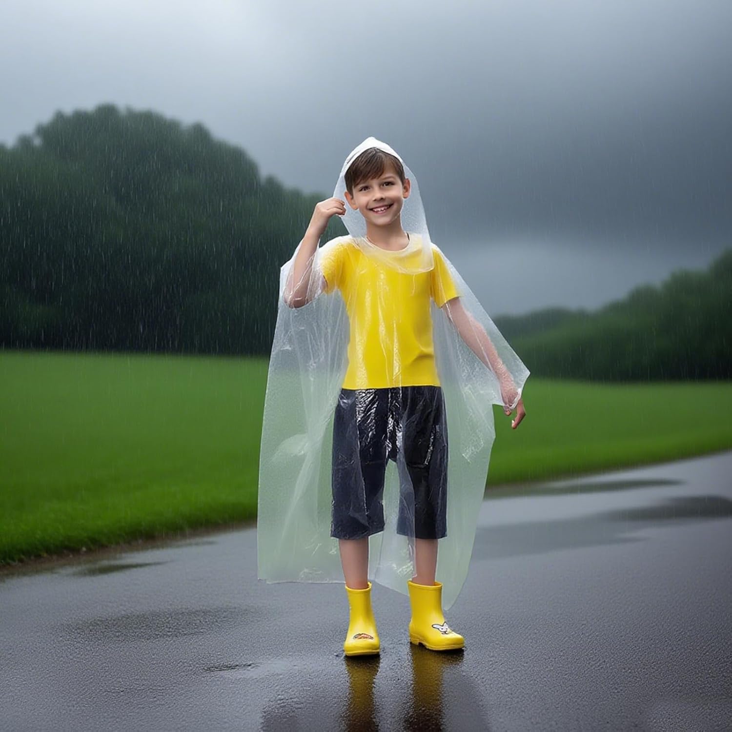 20 Pack Disposable Rain Ponchos for Kids, Clear Plastic Ponchos with Hood, One Size, Waterproof Raincoat for Boys Girls, Emergency Rain Poncho Lightweight for Outdoor Events, Travel, Camping - Image 3