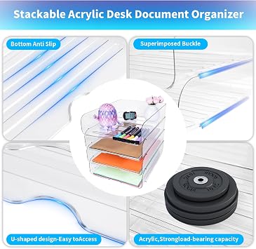 4 Pack Stackable Letter Tray for Desk, Clear File Organizer for Files, iPad, Letters, A4 Office Files, Books, Notes, Vertical
